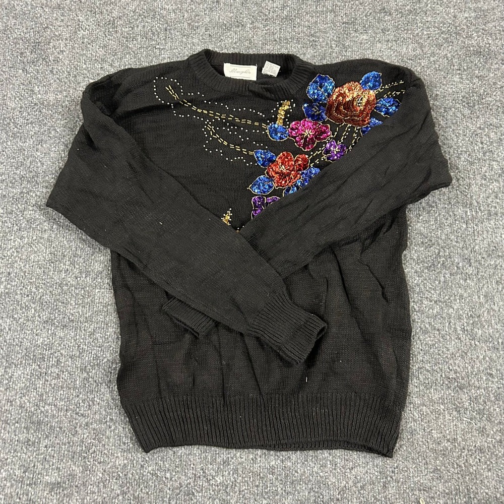 Margules Sweater Womens Size L Black Beaded Sequin Floral Ramie Cotton Knit